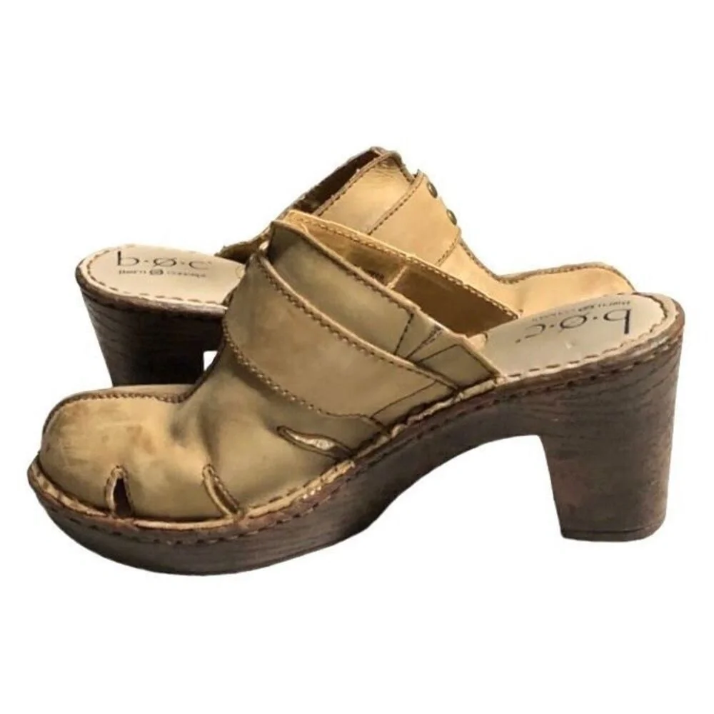 B.O.C. Born Concept Retro Tan Leather Chunky 3 Heel Clog Size 9 (Wear‎ on Front)