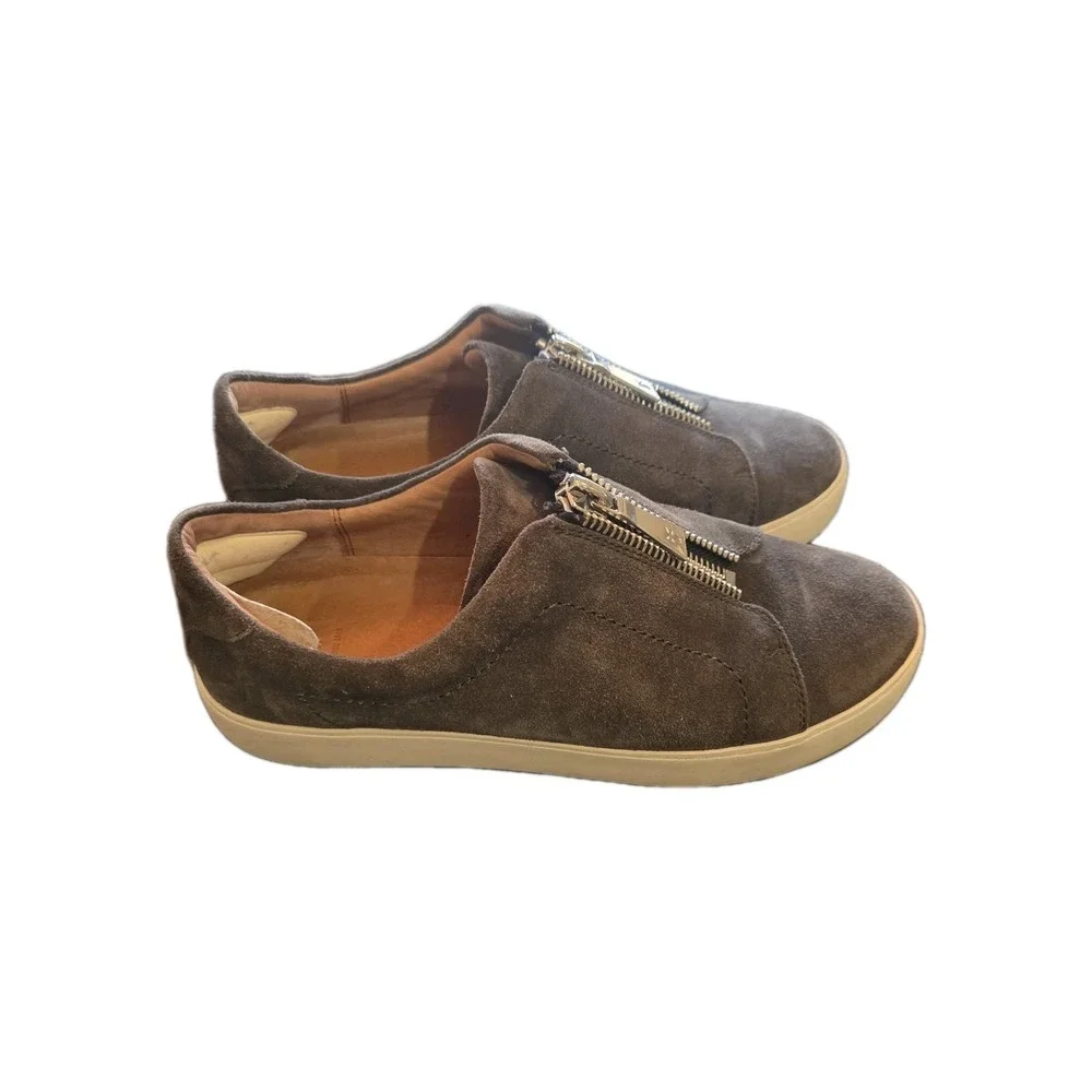 Frye Lena Gray /Brown Suede Zipper Slide In Sneakers Womens Size 10 Comfy Casual