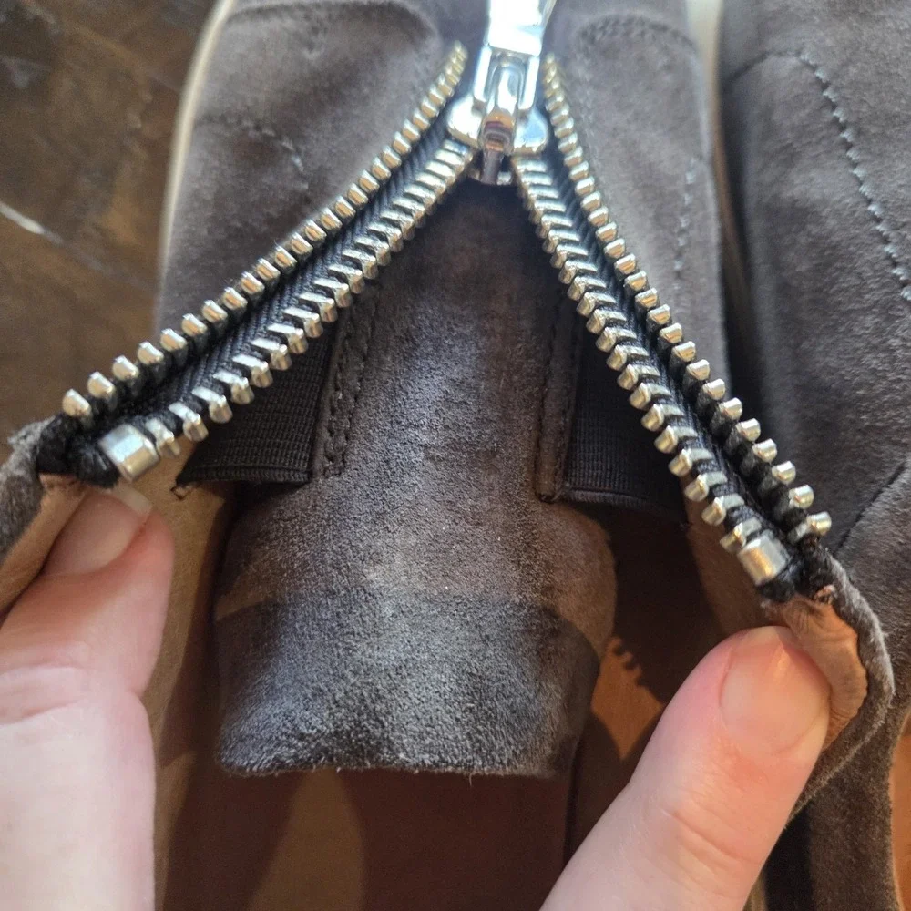 Frye Lena Gray /Brown Suede Zipper Slide In Sneakers Womens Size 10 Comfy Casual