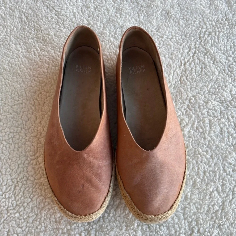 Eileen‎ Fisher Tour Tan Leather Espadrille Flats Women's 8.5 Jute Slip On Shoes