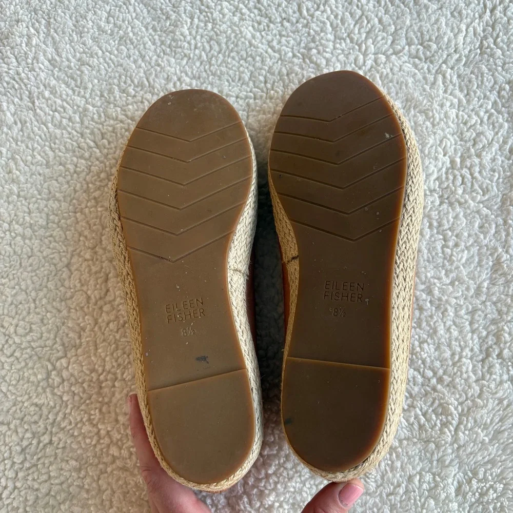 Eileen‎ Fisher Tour Tan Leather Espadrille Flats Women's 8.5 Jute Slip On Shoes