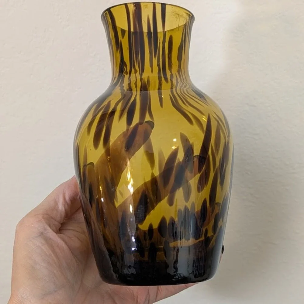VTG‎ Amber Glass Vase Tortoiseshell Swirl Pattern Art Glass Decor Handmade