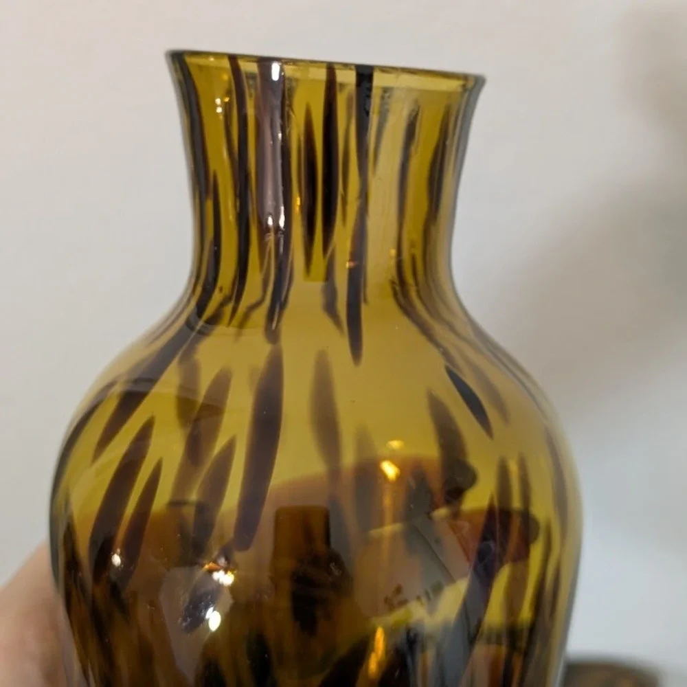 VTG‎ Amber Glass Vase Tortoiseshell Swirl Pattern Art Glass Decor Handmade