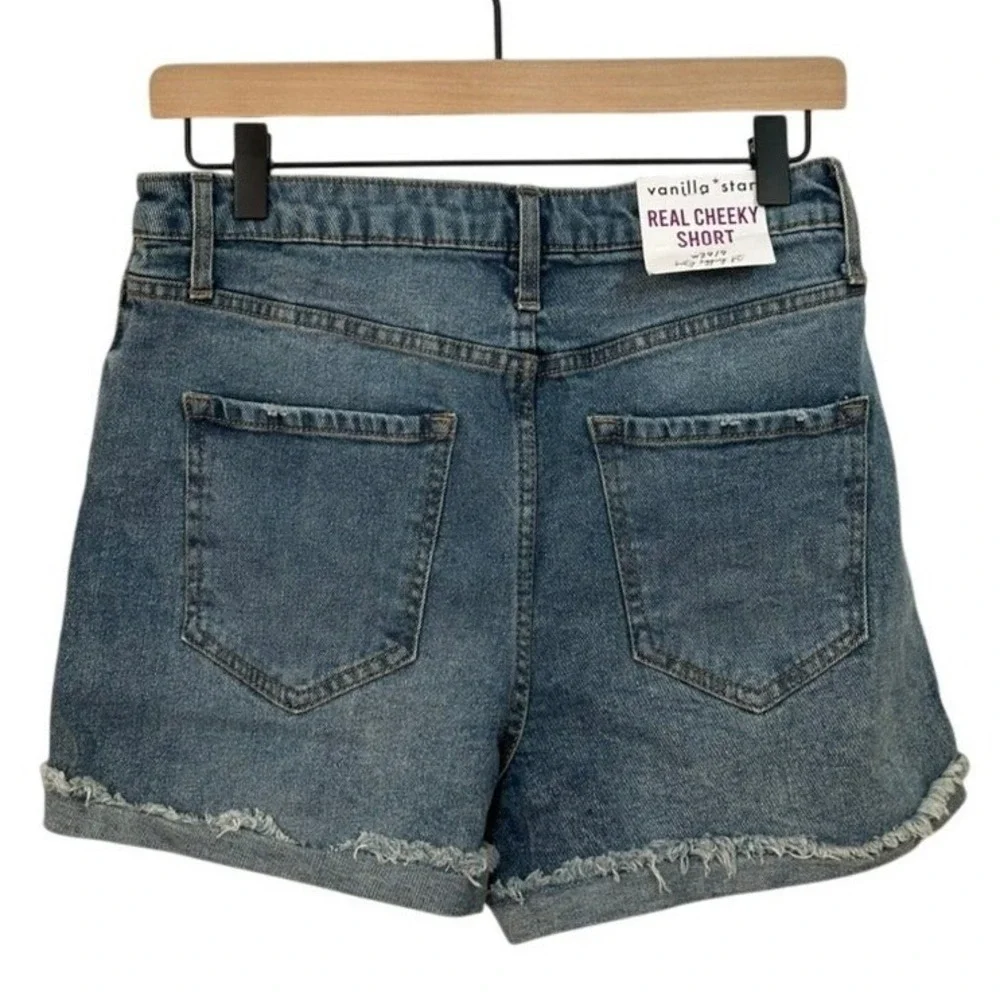 Vanilla Star Womens Cheeky Shorts 9 Blue High Rise Distressed Denim Festival‎