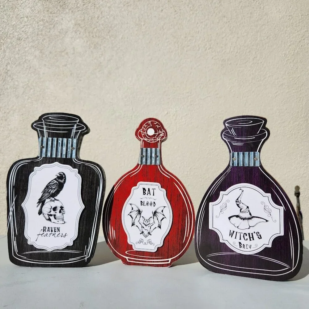 New Set of 3 Halloween Decor Wooden Potions Wood Decorations Bat Blood Witch's B