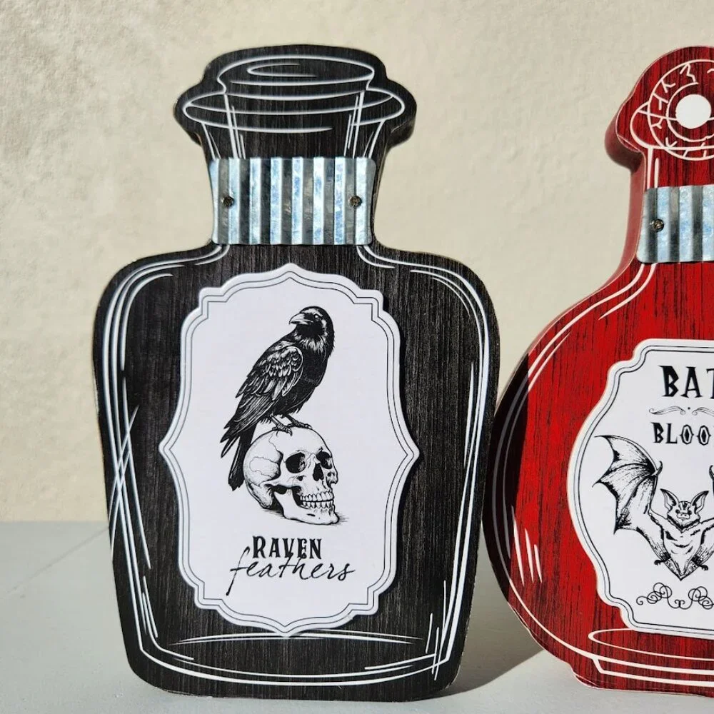 New Set of 3 Halloween Decor Wooden Potions Wood Decorations Bat Blood Witch's B