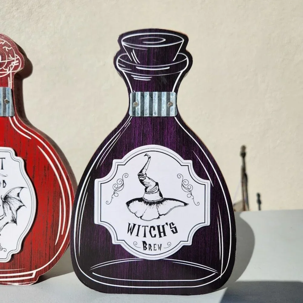 New Set of 3 Halloween Decor Wooden Potions Wood Decorations Bat Blood Witch's B
