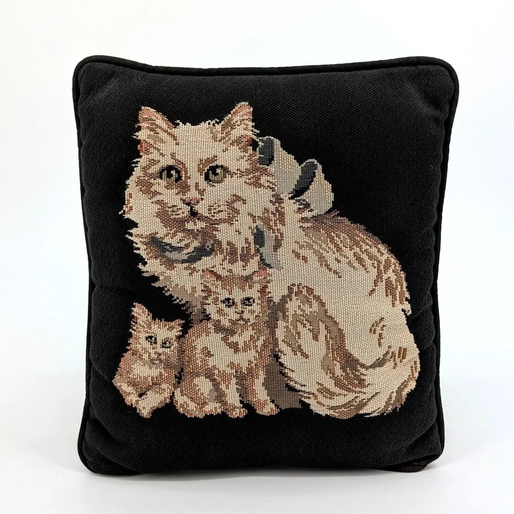 Vintage‎ Woven Tapestry Cat and Kittens Throw Pillow Black Beige Square Accent