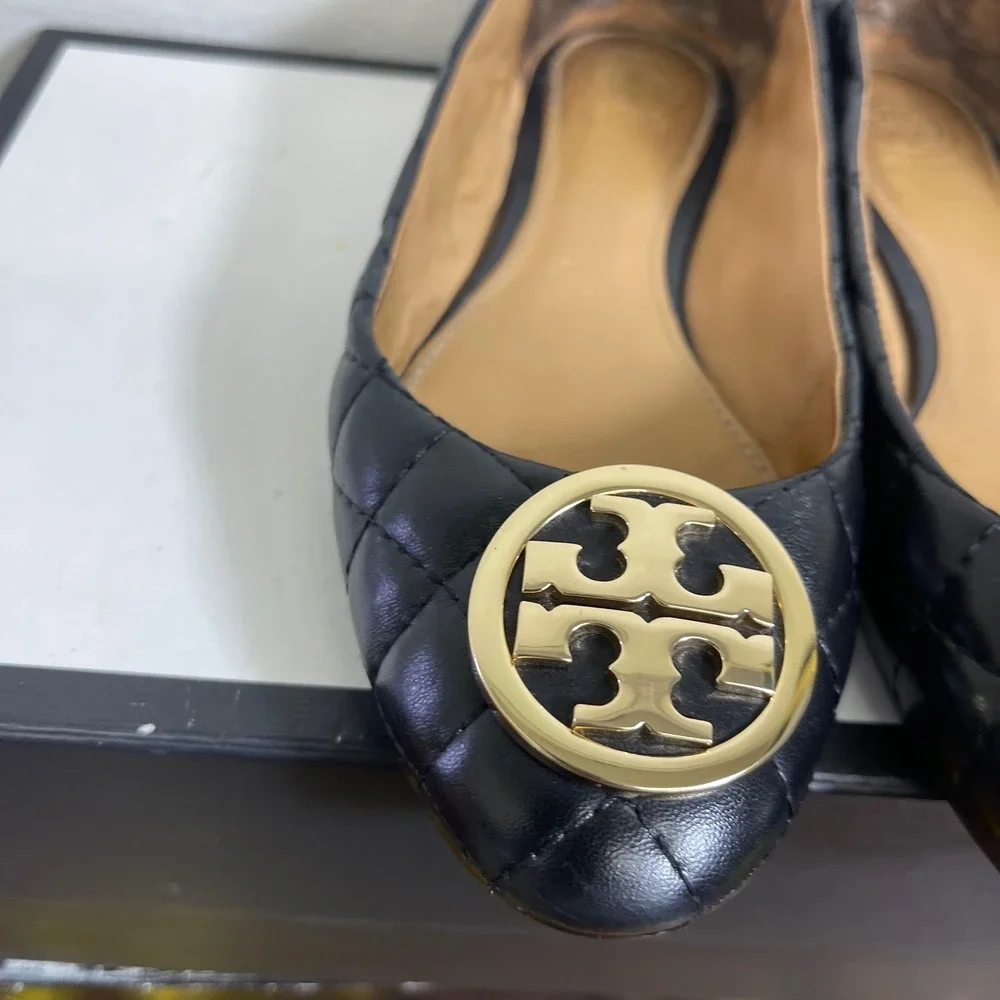 Tory Burch Black Quilted Leather Ballet Flats Slip On Shoes Women's Size 5.5 US