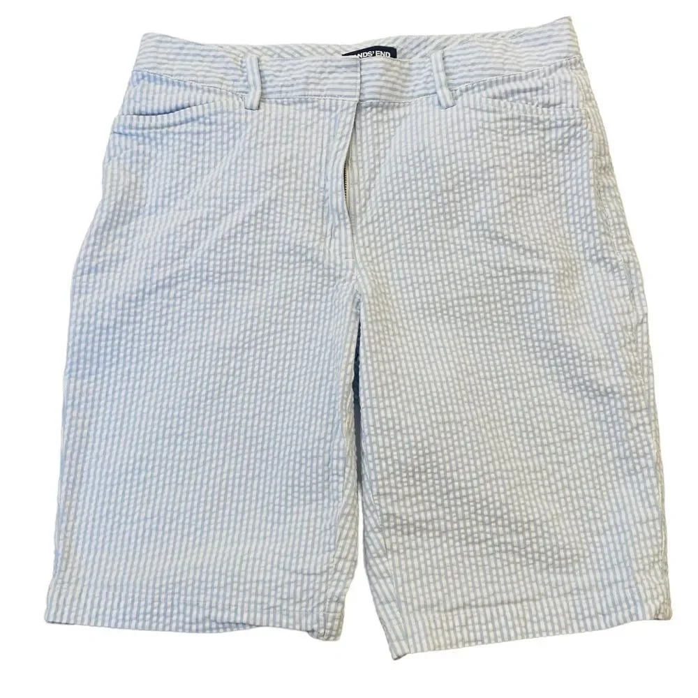 Land’s End Light Blue White Stripe Seersucker Mid Rise Bermuda Shorts Sz 10