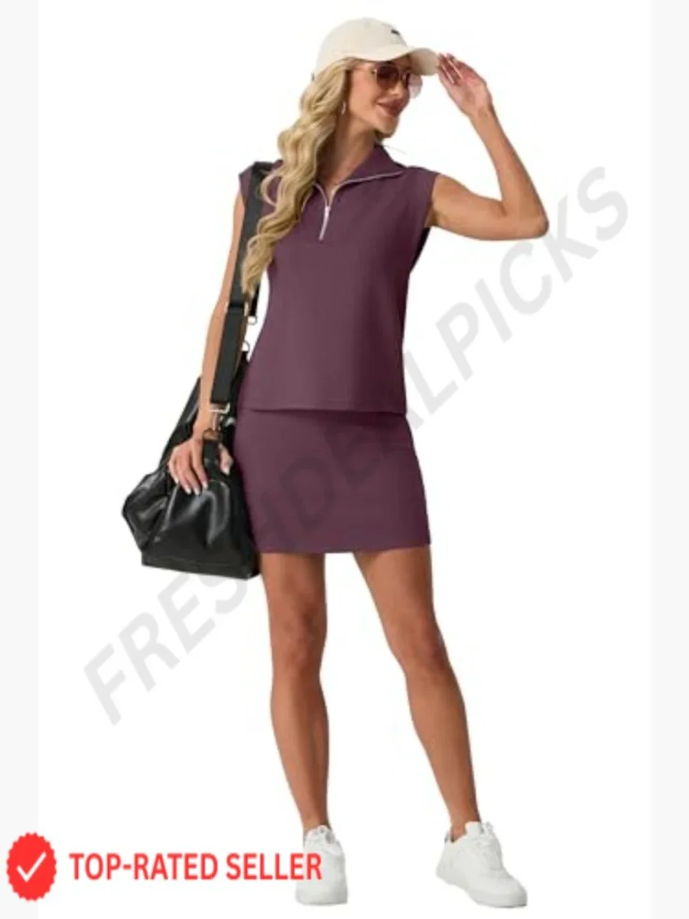 2 Piece Skort Set Cap Sleeve Zip Collared Top Matching Tennis Skirt with