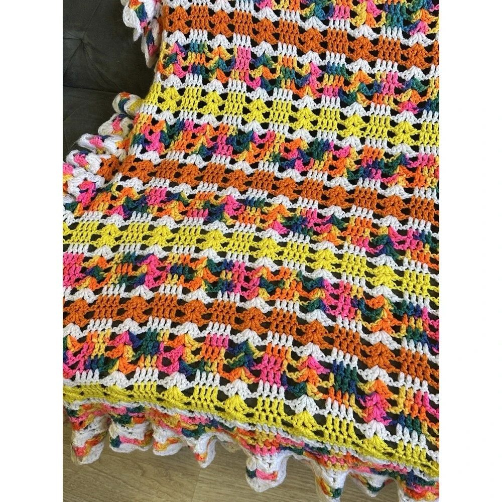 Handmade Crochet‎ Retro Afghan Lap Throw Bright & Colorful Unique Granny Core