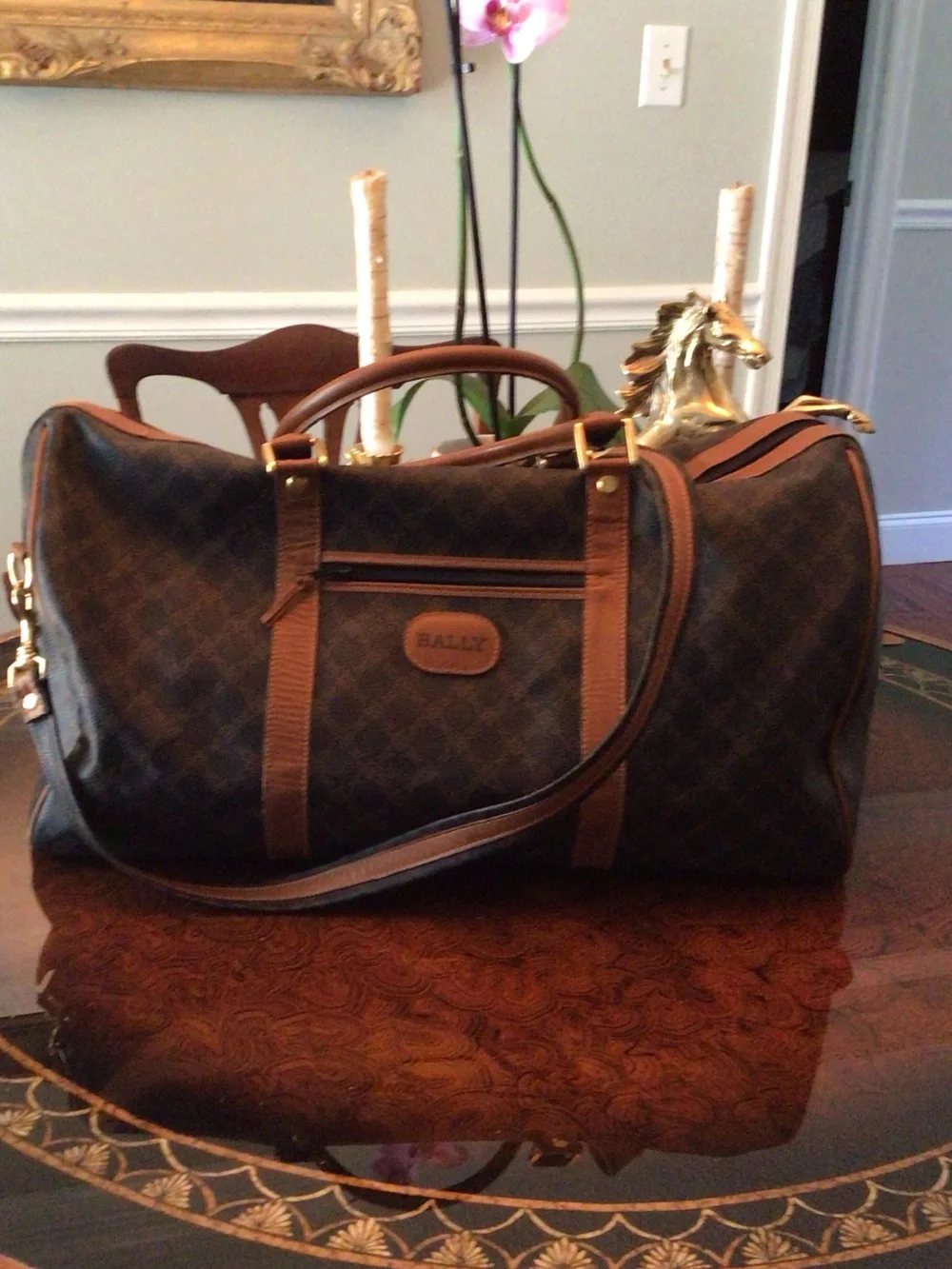 Bally Dark Brown Monogram Leather-Trim Duffel with lock & 2 keys