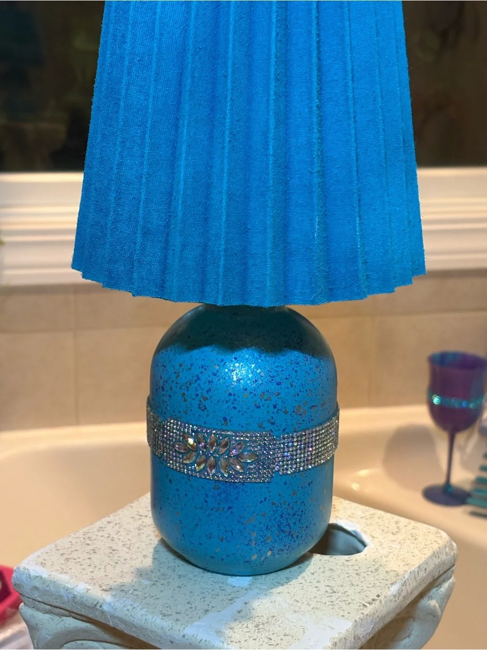 Vibrant Blue Table Lamp with Rhinestone accents w/bulb & shade FREE GIFT!