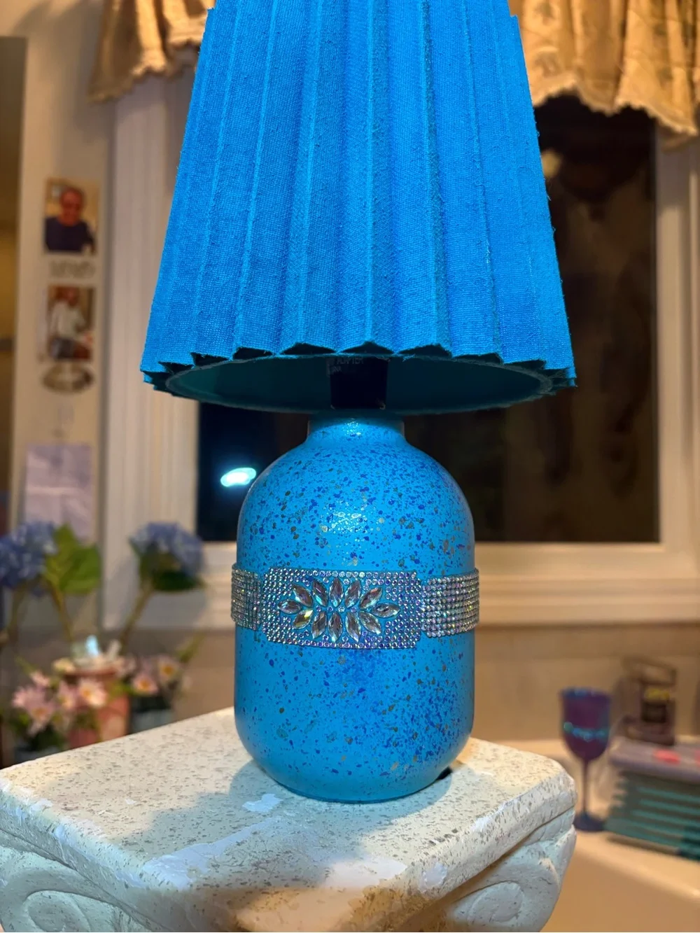 Vibrant Blue Table Lamp with Rhinestone accents w/bulb & shade FREE GIFT!