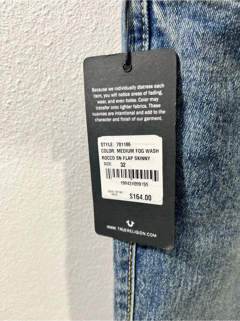 True Religion New Men's Rocco Sn Flap Relaxed Skinny Jeans Fog Wash 33x32