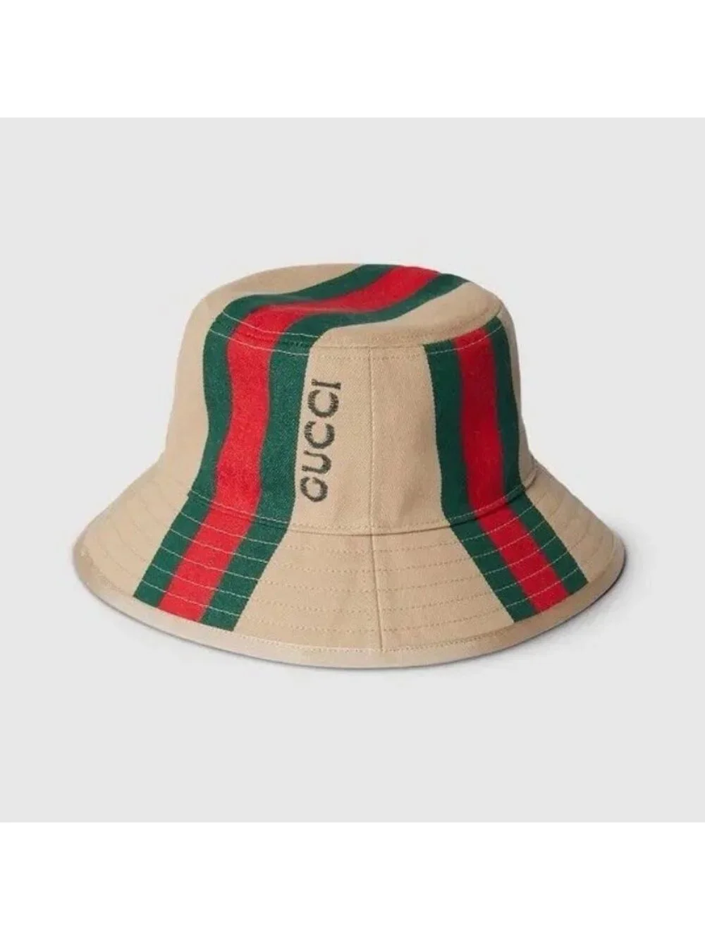 NWT Gucci Logo Printed Cotton Canvas Bucket Hat Sz S Web Beige