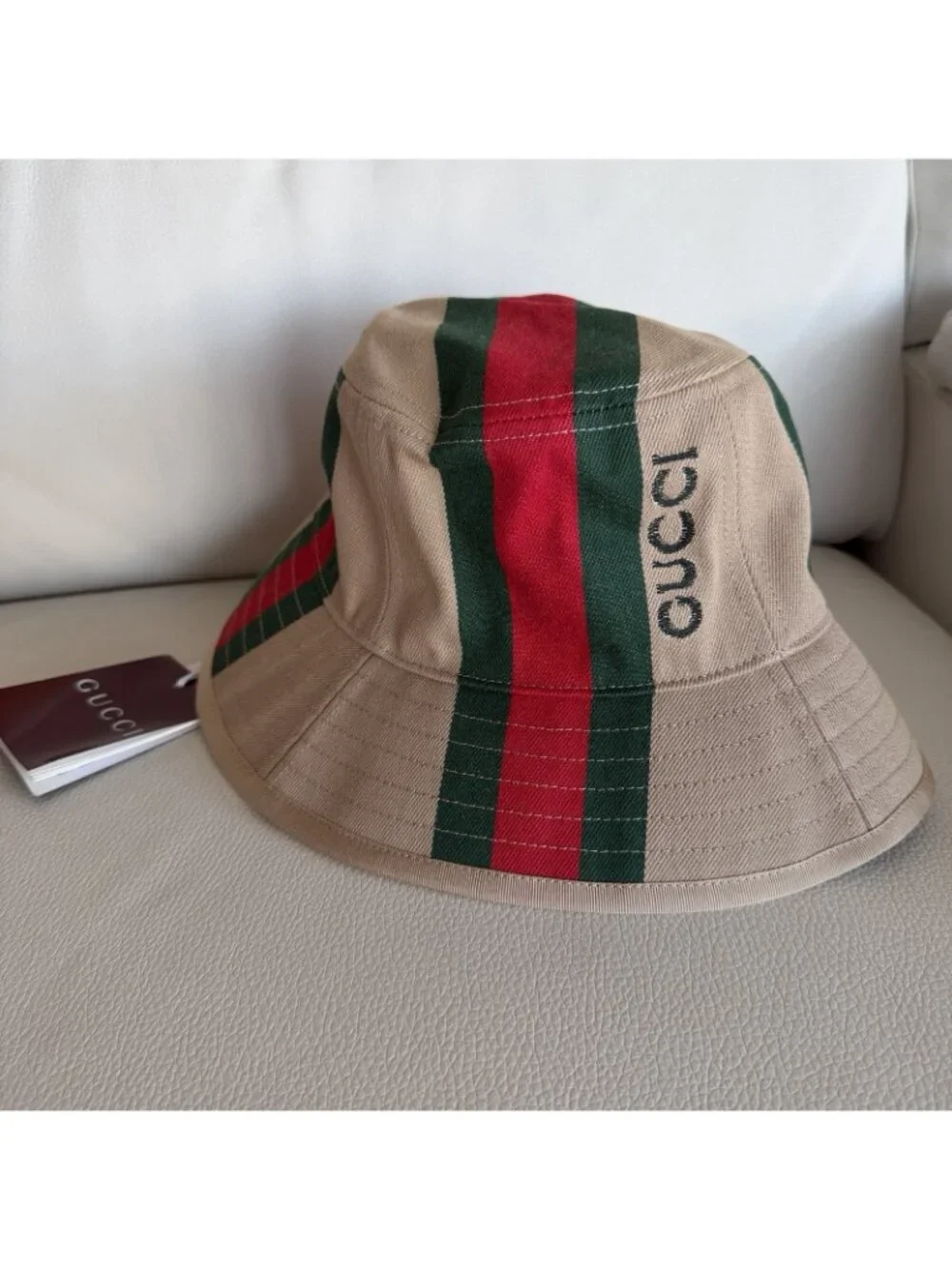 NWT Gucci Logo Printed Cotton Canvas Bucket Hat Sz S Web Beige