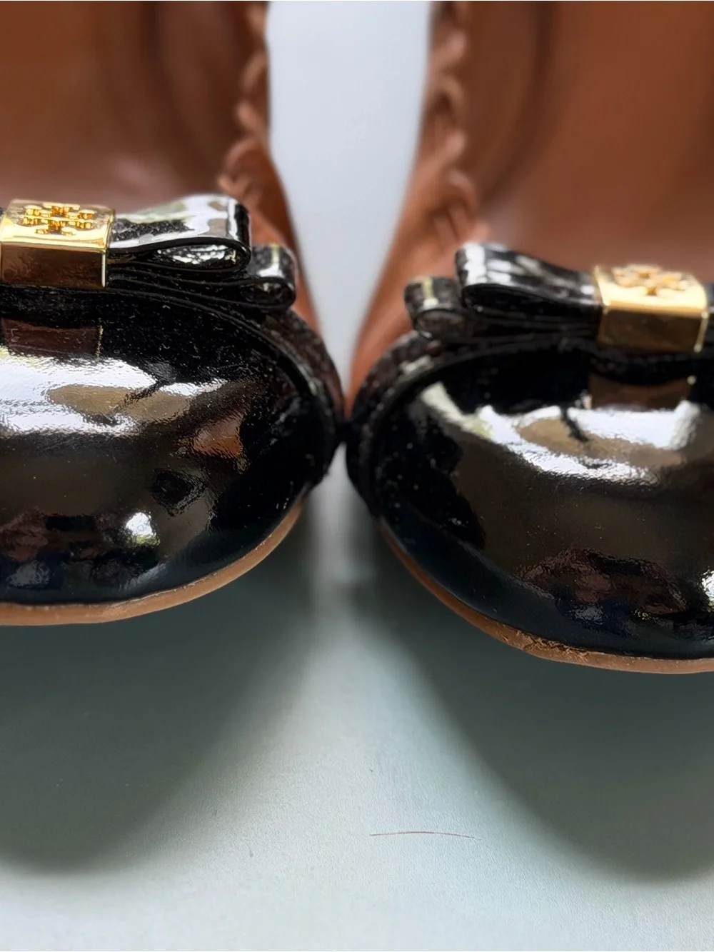 Tory Burch Brown Leather Heels with Black Patent Cap Toe
