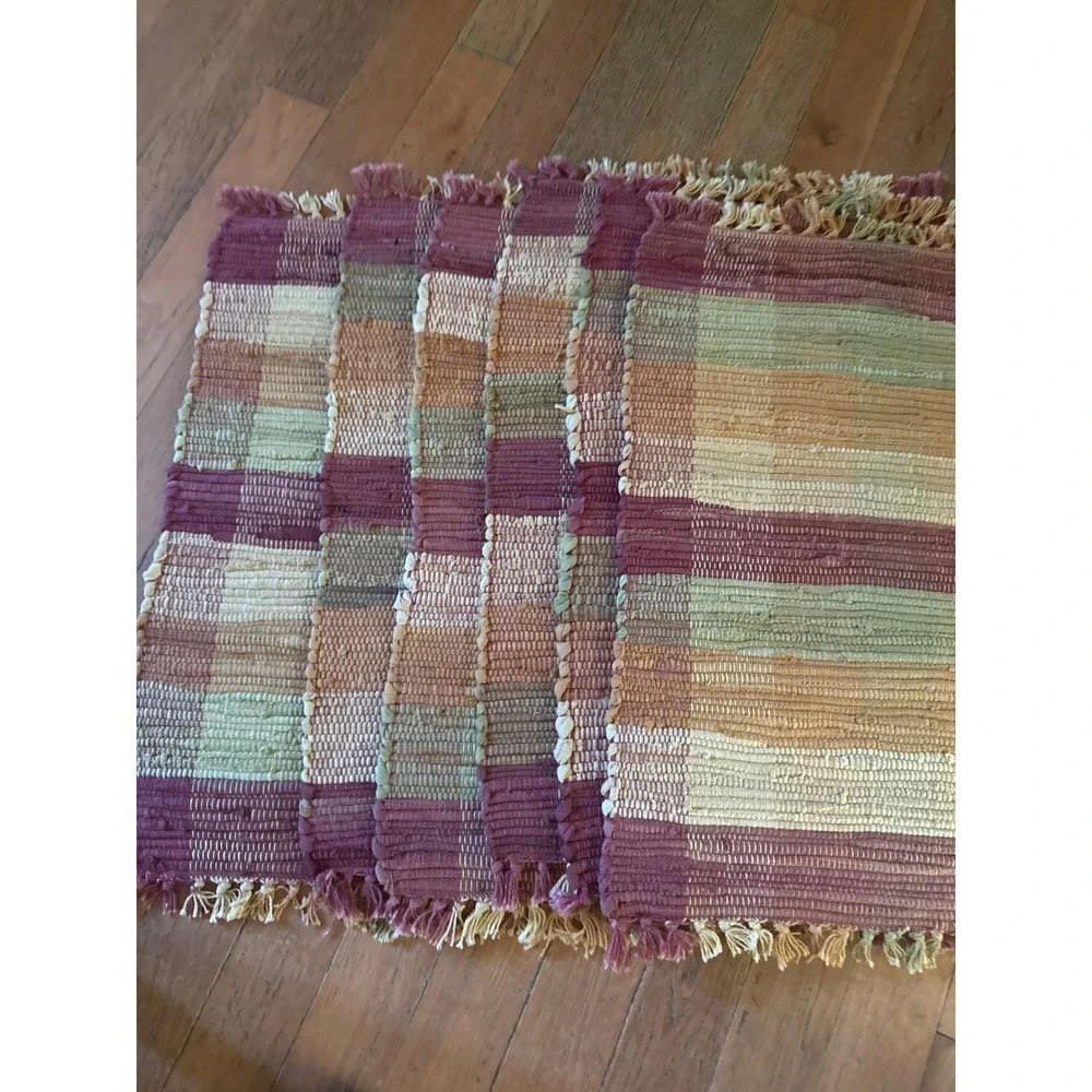 Set of 6 Hand Woven Rag Rug Placemats Multicolor Plaid Boho Farmhouse Fringe