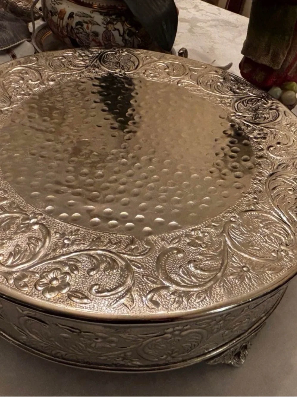 Ornate Round Decorative Silver-Plated Jewelry Box