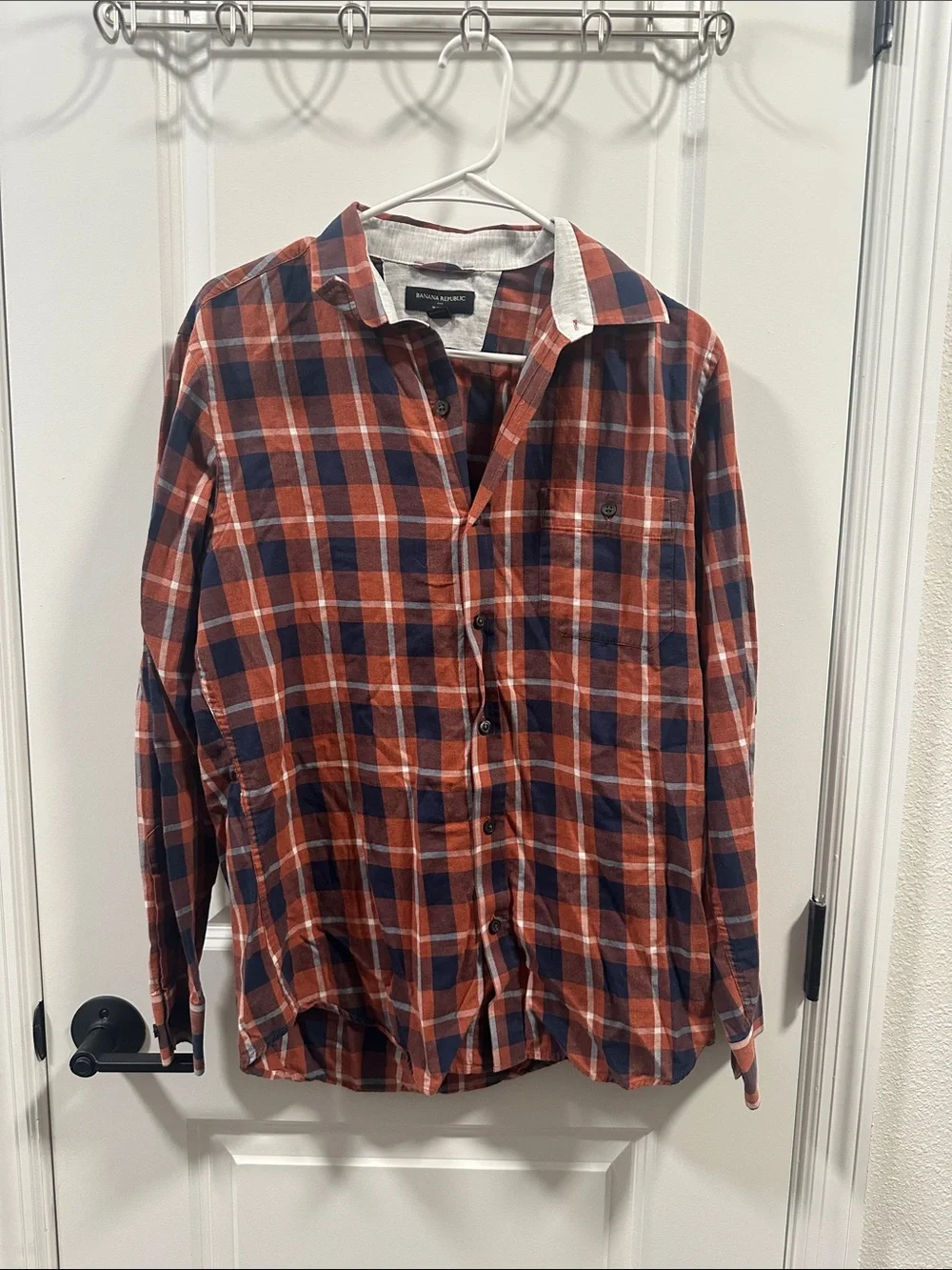 Banana Republic Men's Rust and Navy Plaid Button-Down Shirt