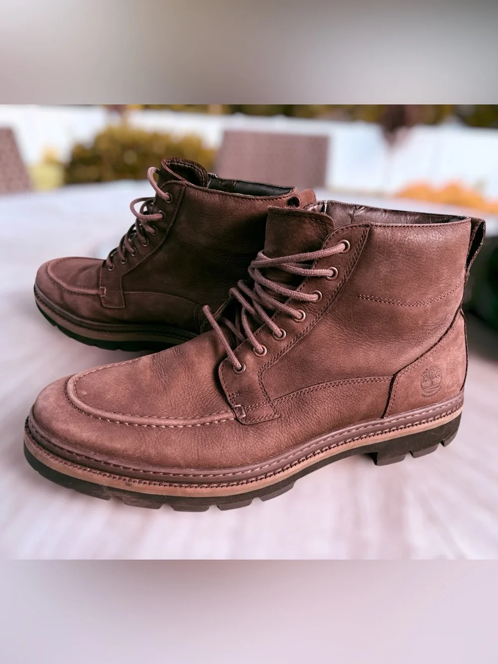 Timberland men's Port Union waterproof 6-inch moc toe boots in a dark brown