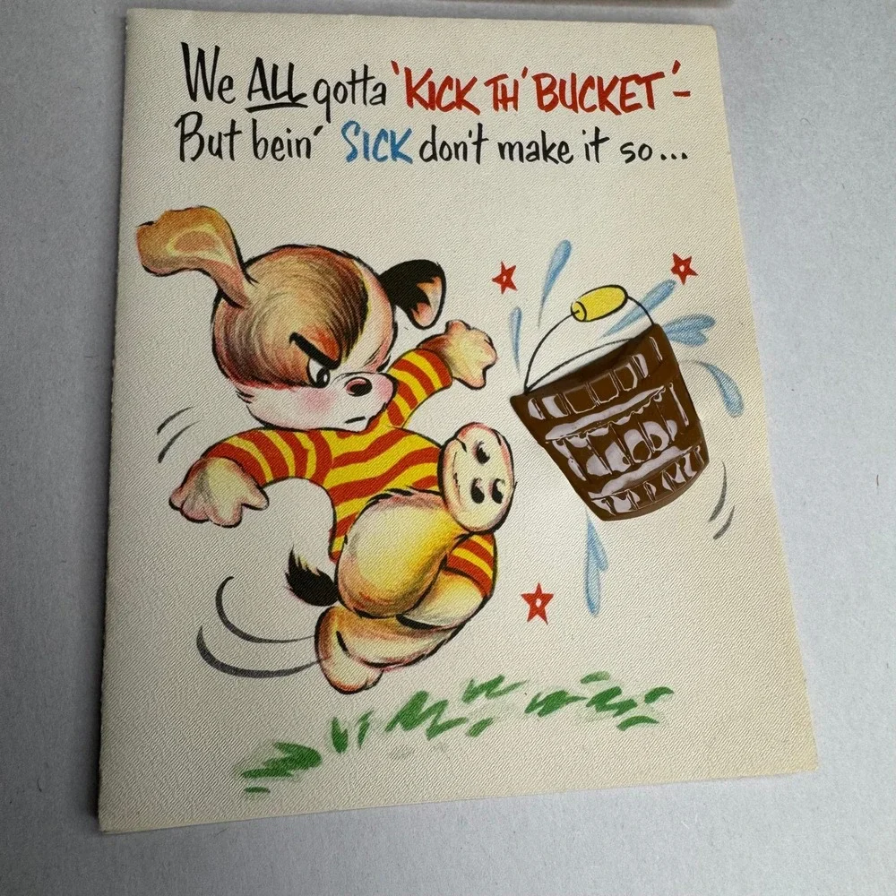 Vintage Stanley Greetings Get Well Card Kick the Bucket Dog 1950's USA Unused