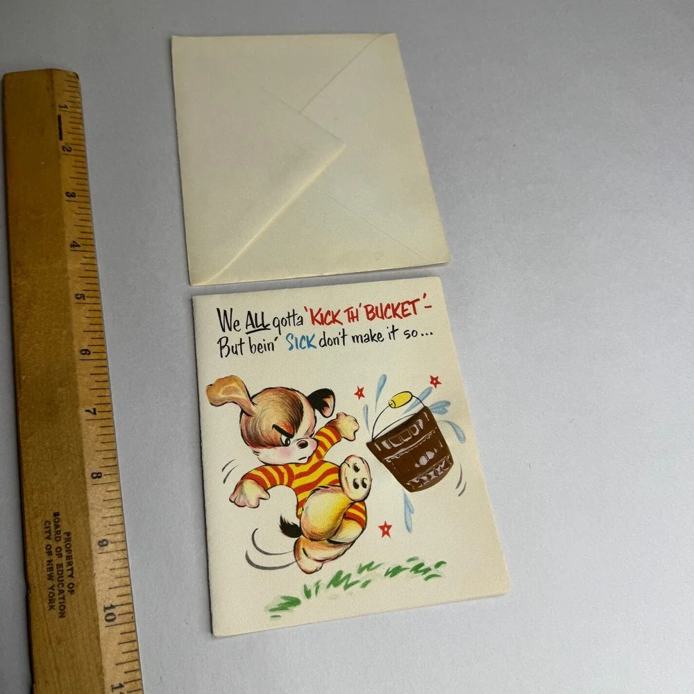 Vintage Stanley Greetings Get Well Card Kick the Bucket Dog 1950's USA Unused