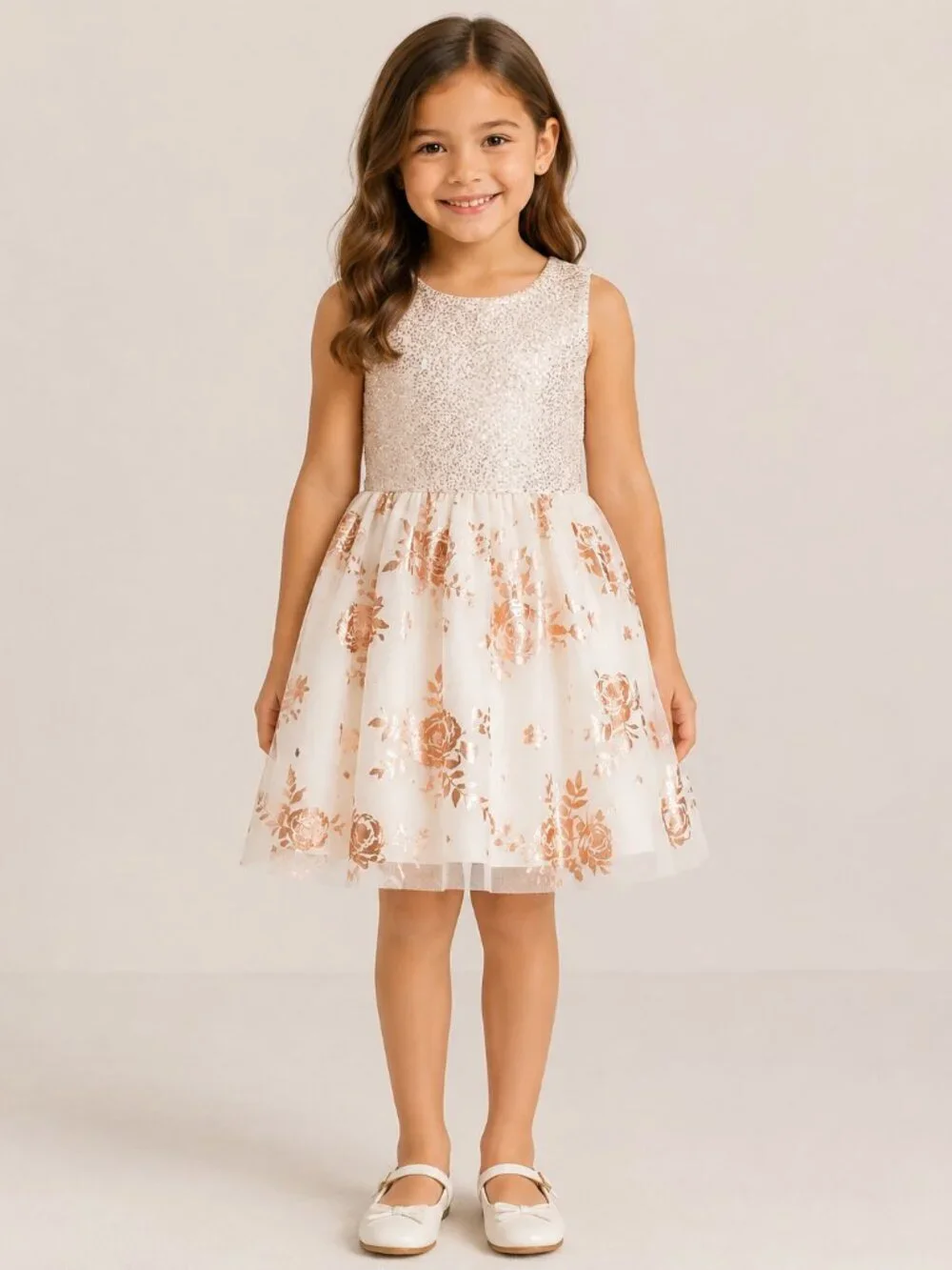 The Children’s Place Girls Rose Gold Foil Floral Party Dress Size 5/6 Brand: Th
