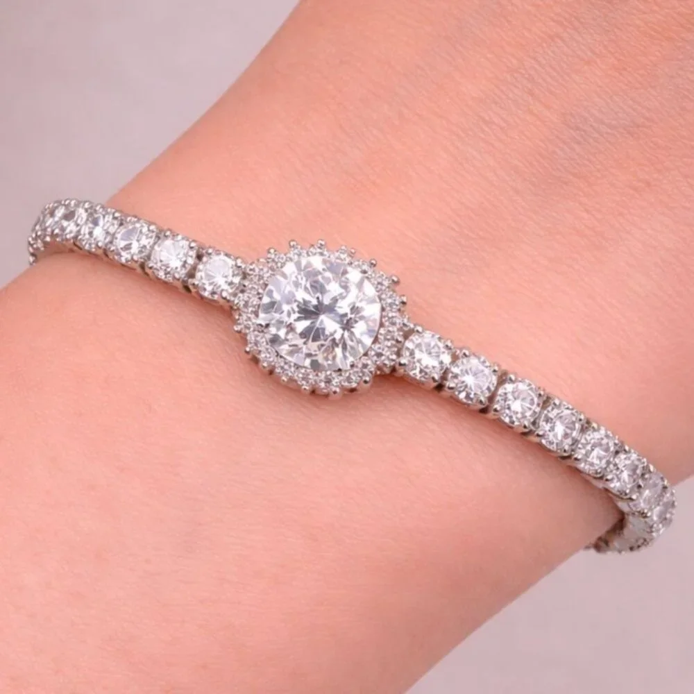 Vintage Swarovski‎ Crystal Tennis Bracelet Halo Center Sterling Overlay Slider
