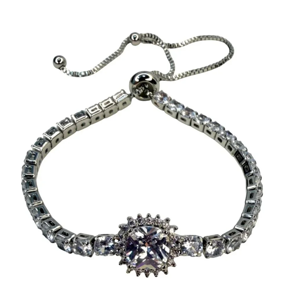 Vintage Swarovski‎ Crystal Tennis Bracelet Halo Center Sterling Overlay Slider