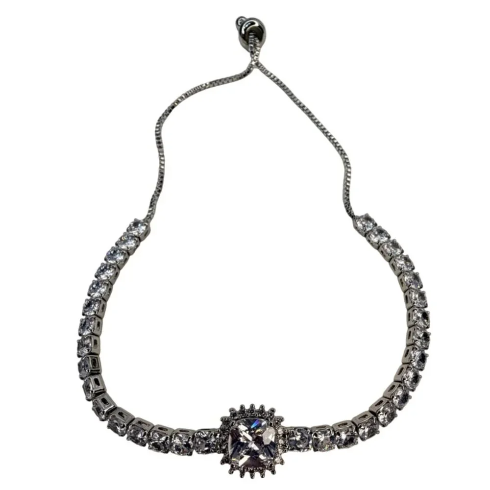 Vintage Swarovski‎ Crystal Tennis Bracelet Halo Center Sterling Overlay Slider