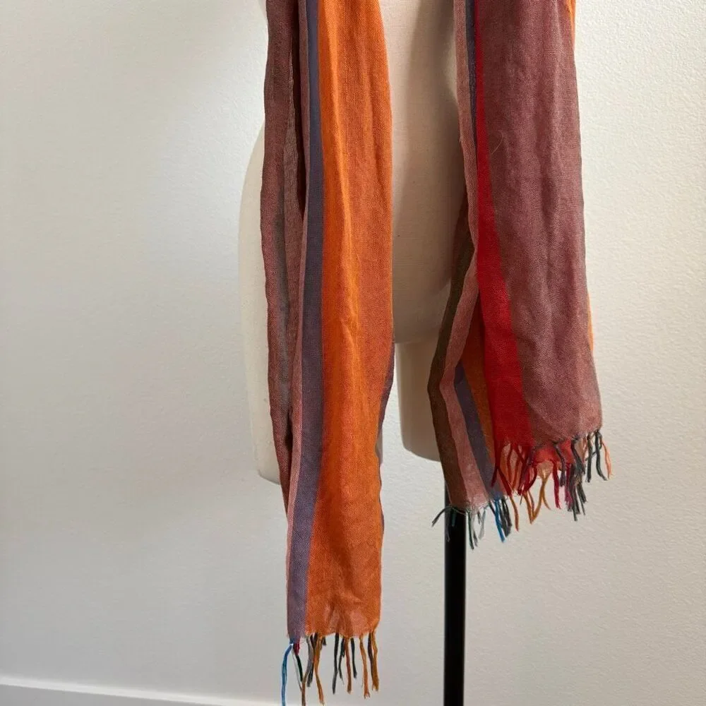 Y2K Rust Orange Blue Scarf Neck Stripe Striped Fringe Linen Long