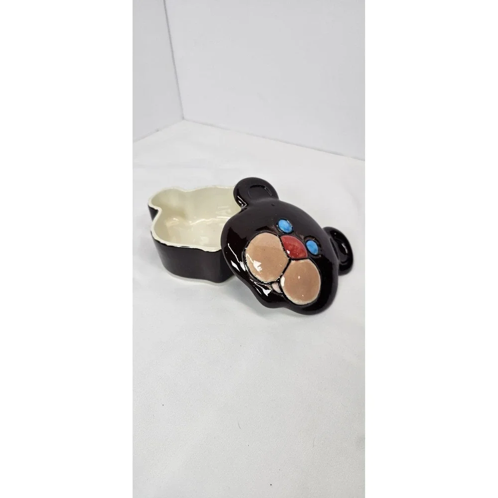 Vintage Teddy Bear Ceramic Trinket Box Brown Bear Lidded‎ Dish Cute Decor