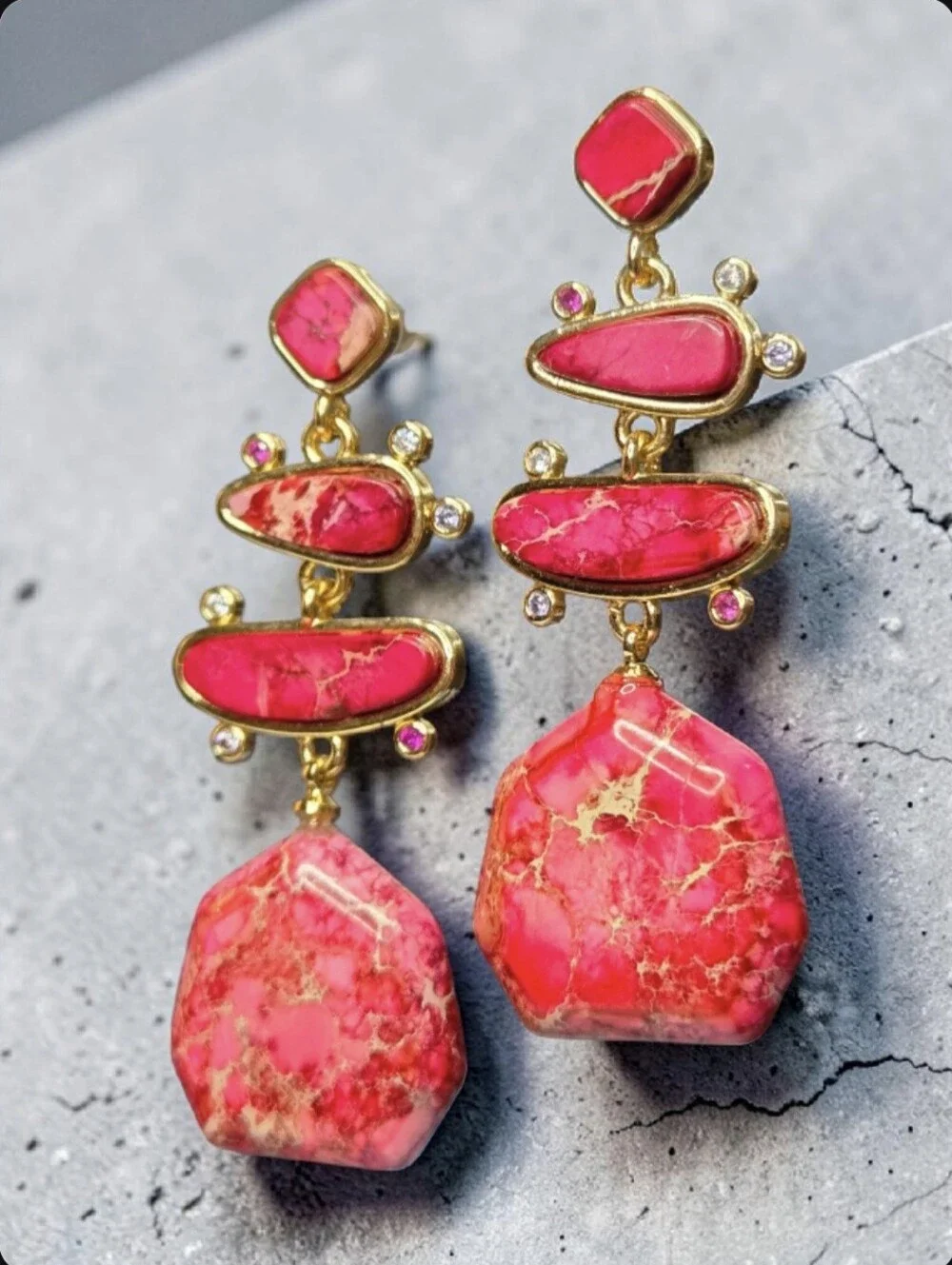 18k Gold Plated Pink Jasper Stone Crystal Dangle Earrings