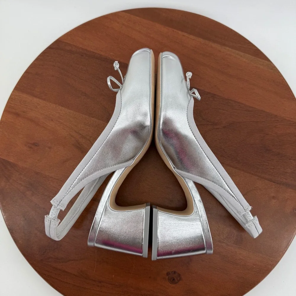 Circus NY Diane Soft Silver Slingback Block Heel Square Toe Bow Pumps Women 8.5M