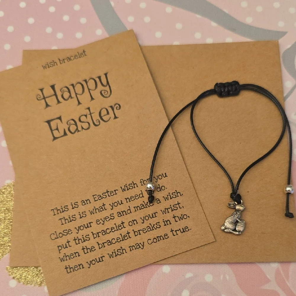 Happy Easter Wish Bracelet Black Cord with Silver Bunny Charm New
