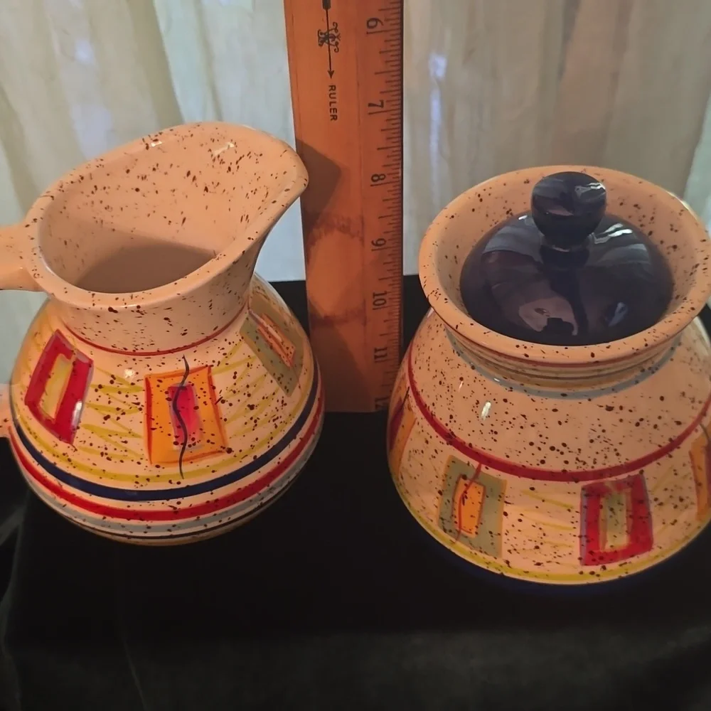 Pfaltzgraff Sugar Creamer Set Sedona‎ Pattern Cream Red Yellow Blue