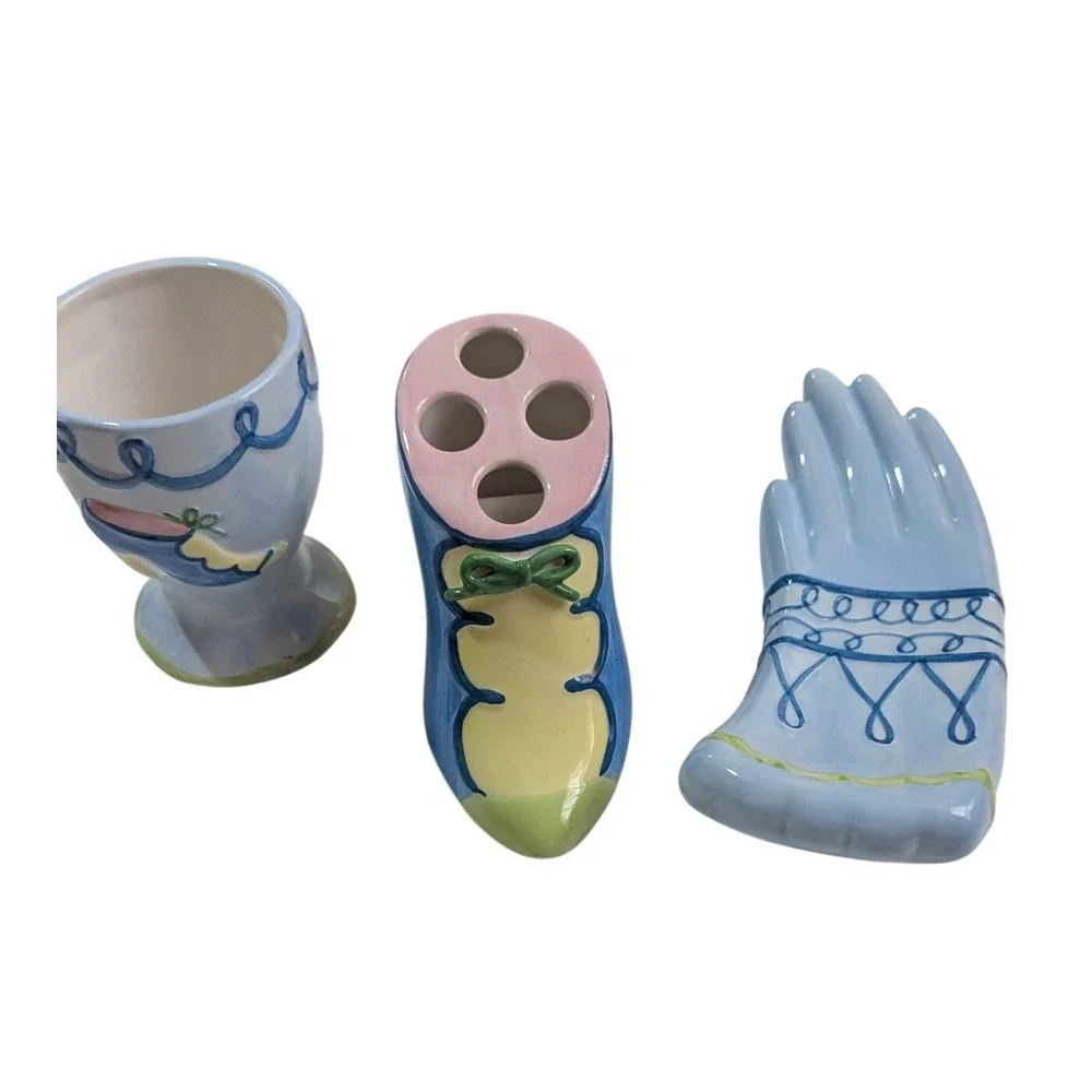 Linens N Things Whimsy Ceramic‎ Bathroom Set Blue Boot Toothbrush Holder Dish
