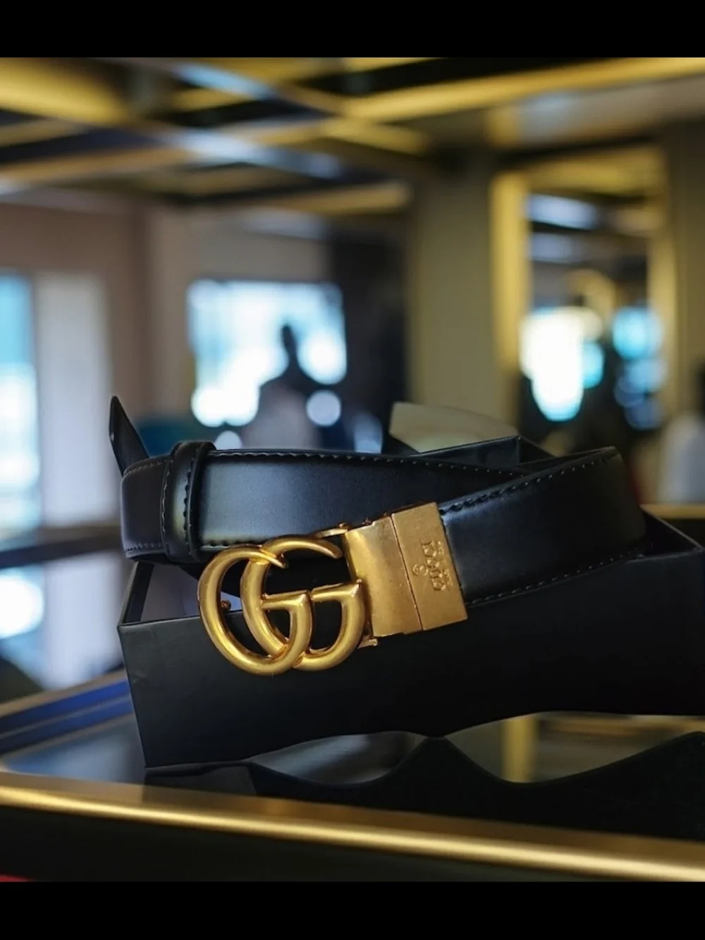 Gucci Black Leather Belt with Gold Double-G Buckle 32