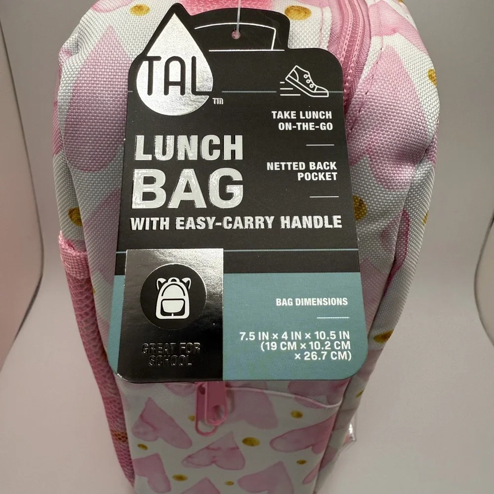 TAL Kids Insulated Lunch Bag Pink Hearts Gold Polka Dot Sequin Shaker Pocket NEW