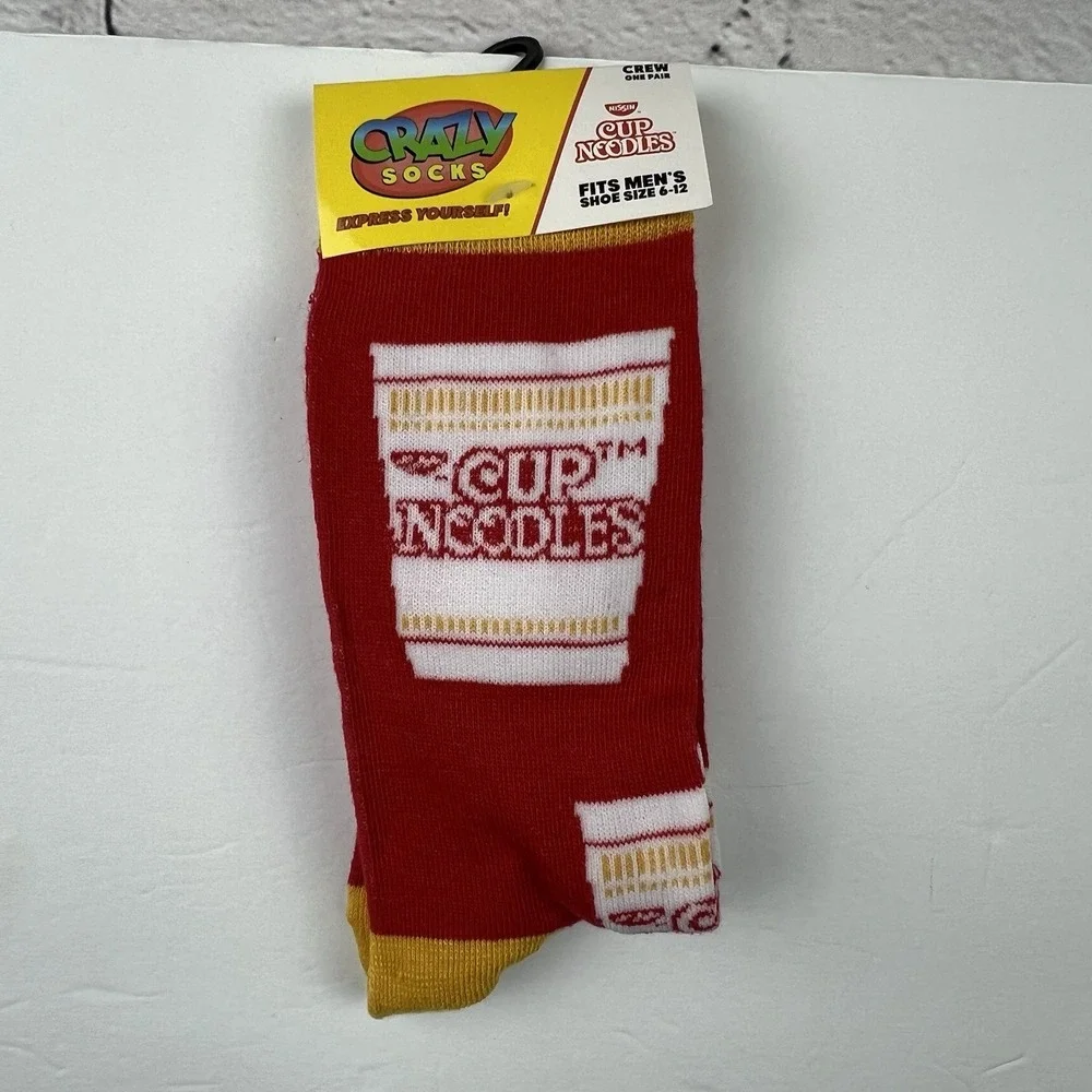 NEW Crazy Socks Cup Noodles Men Shoe Size 6-12 Crew Cut Novelty Socks 1 Pair Red