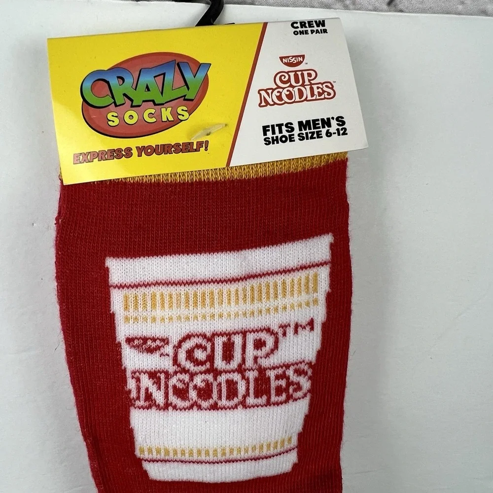 NEW Crazy Socks Cup Noodles Men Shoe Size 6-12 Crew Cut Novelty Socks 1 Pair Red