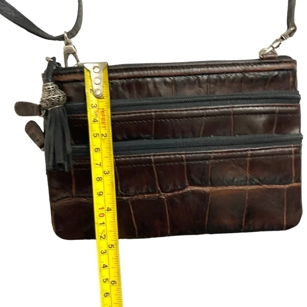 Brighton triple zipper brown embossed leather crossbody bag
