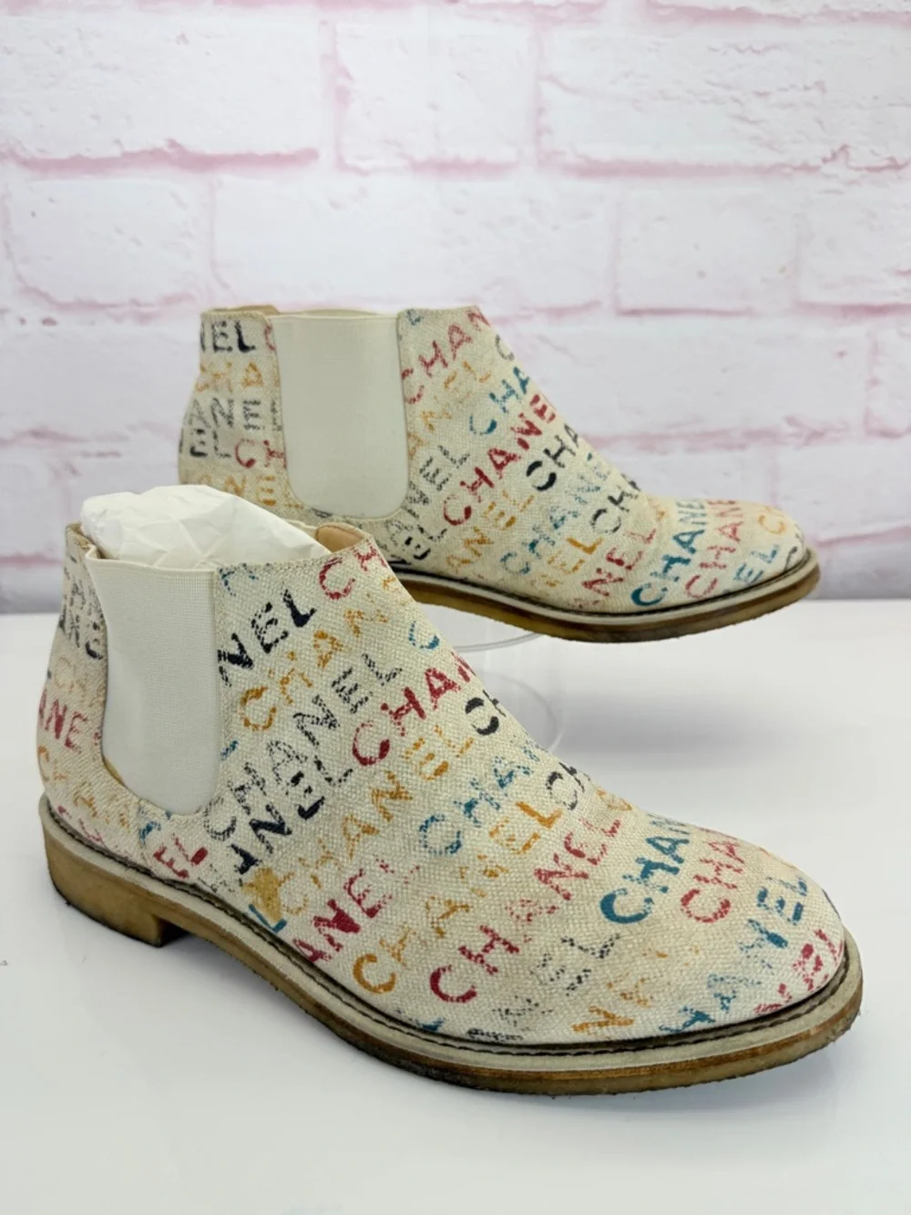 Chanel Graphic Multicolor Logo Canvas Chelsea Boots 41