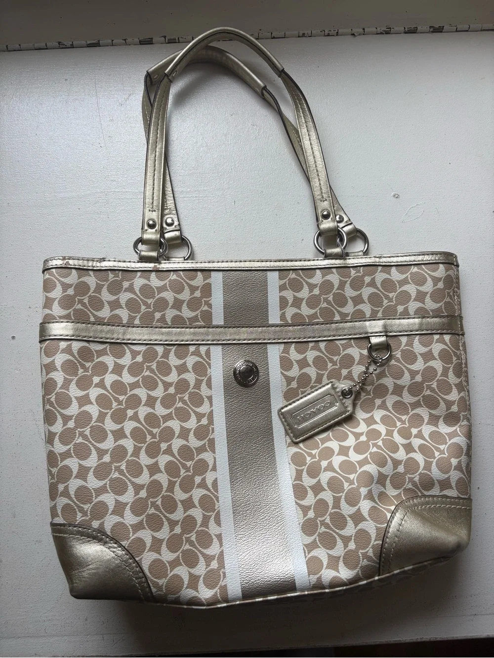 Coach Beige Signature Stripe Tote with Metallic Trim