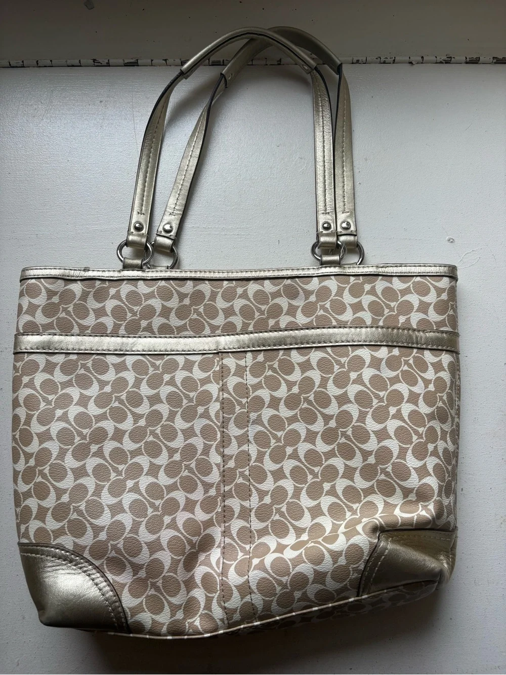 Coach Beige Signature Stripe Tote with Metallic Trim
