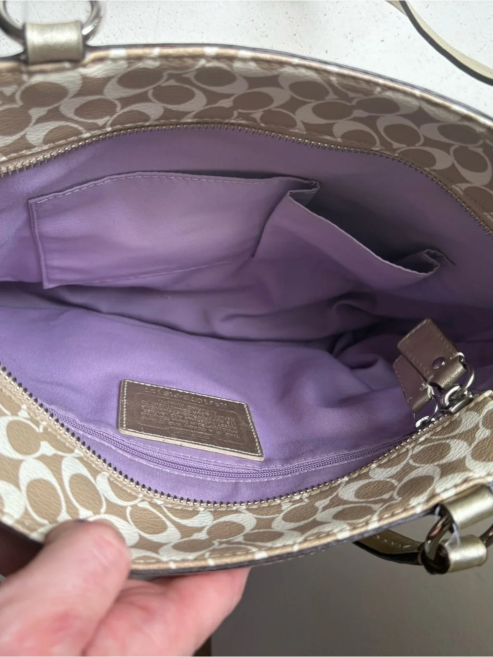 Coach Beige Signature Stripe Tote with Metallic Trim