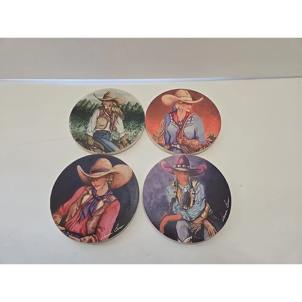 Doreman Burns Table Coasters Cowgirl Print, Signed, Western Decor 